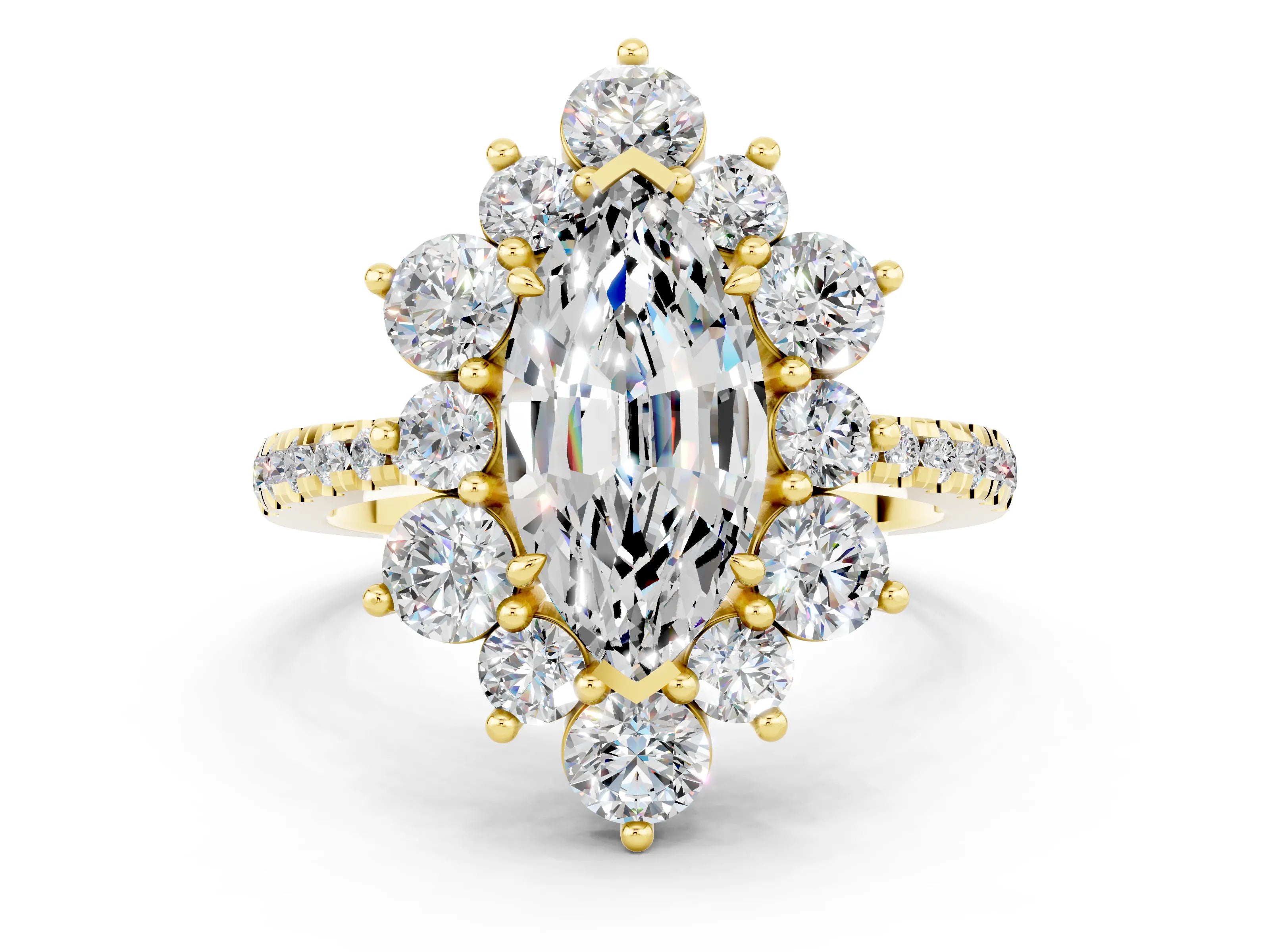 Yellow gold Marquise Cut Cut Diamond Floral Halo Pave Band with Prong Setting
