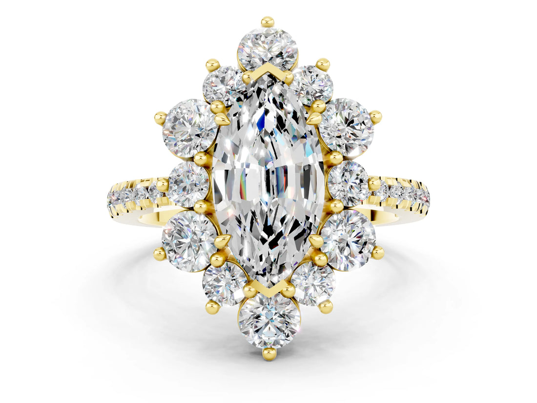 Yellow gold Marquise Cut Cut Diamond Floral Halo Pave Band with Prong Setting