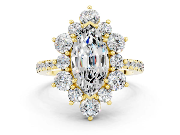Yellow gold Marquise Cut Moissanite Floral Halo Ring with Round Pavé Band and Prong Setting