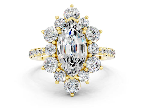 Yellow gold Marquise Cut Cut Diamond Floral Halo Pave Band with Prong Setting