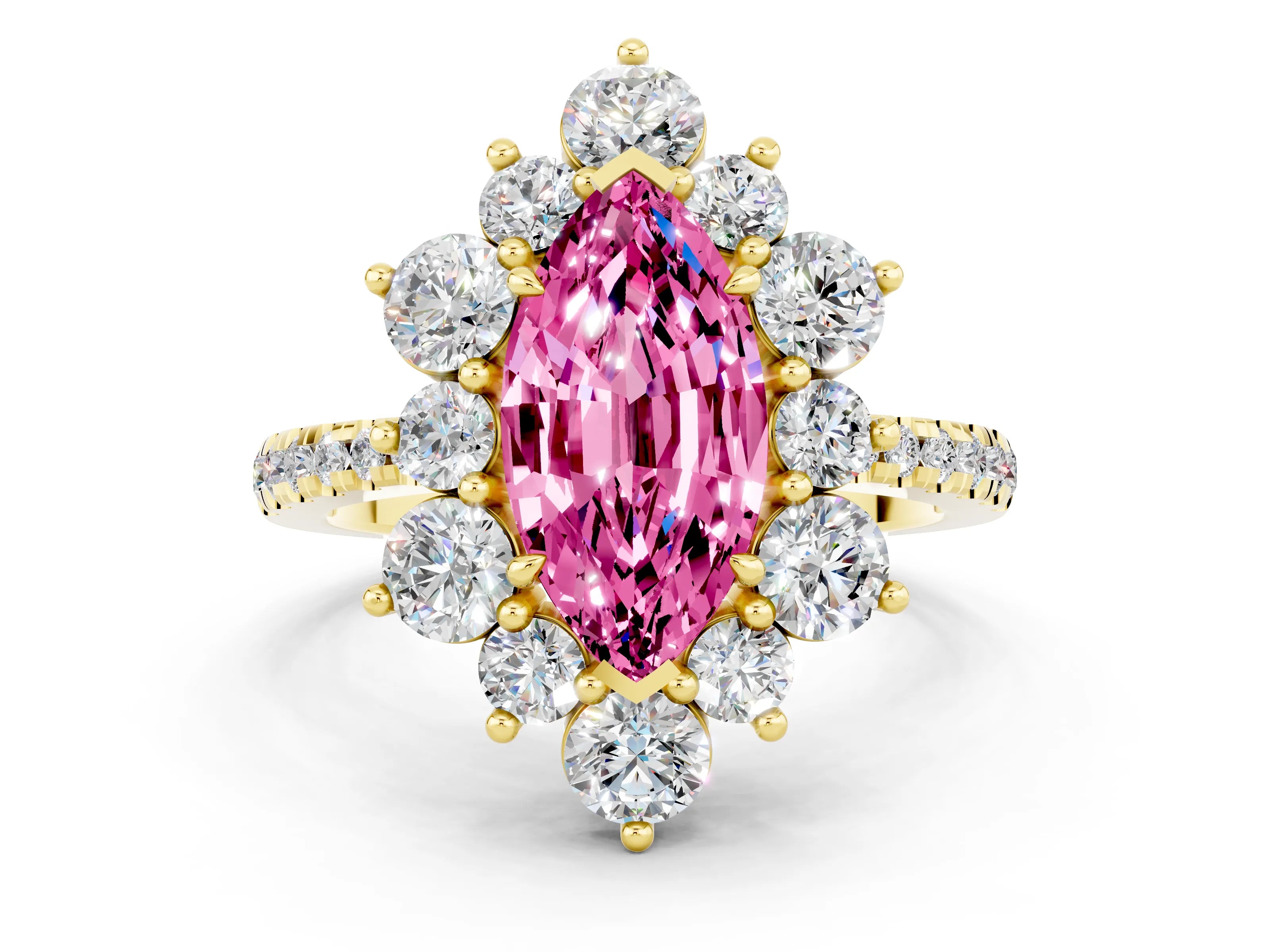 Yellow gold Marquise Cut Cut Diamond Floral Halo Pave Band with Prong Setting