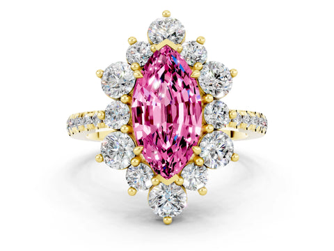 Yellow gold Marquise Cut Cut Diamond Floral Halo Pave Band with Prong Setting