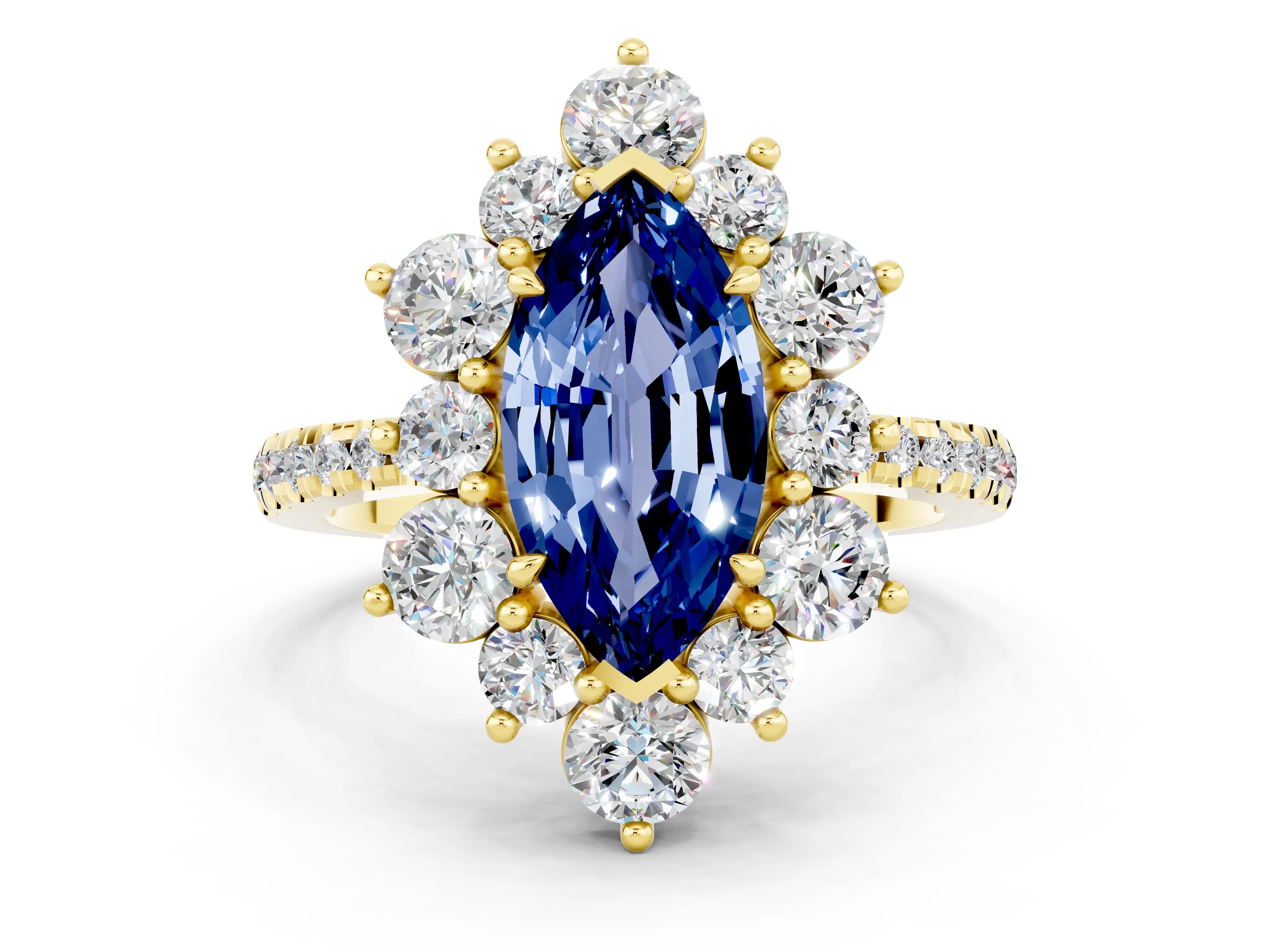 Yellow gold Marquise Cut Cut Diamond Floral Halo Pave Band with Prong Setting