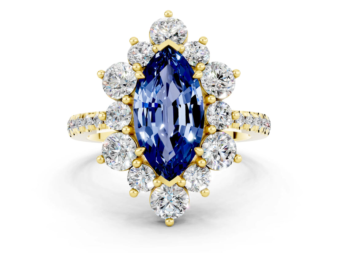 Yellow gold Marquise Cut Cut Diamond Floral Halo Pave Band with Prong Setting