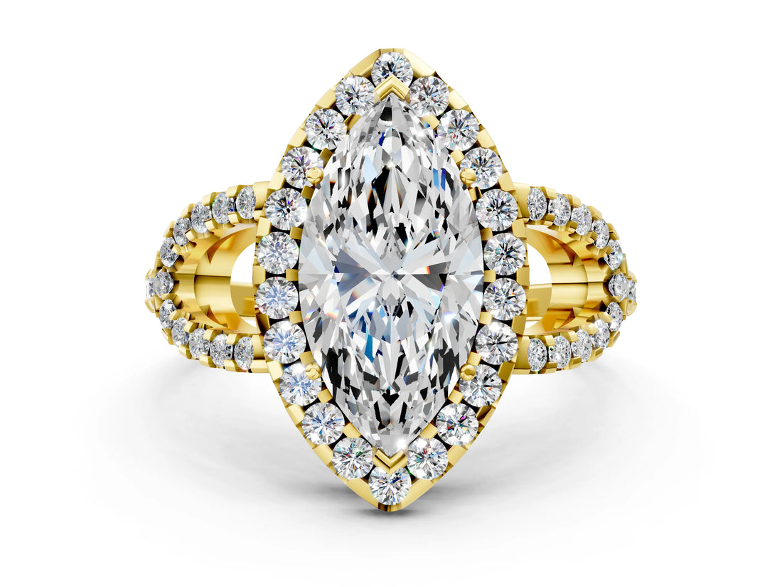 Yellow gold Marquise Cut Cut Diamond Halo Engagement Ring with Open Split Pavé Band_9