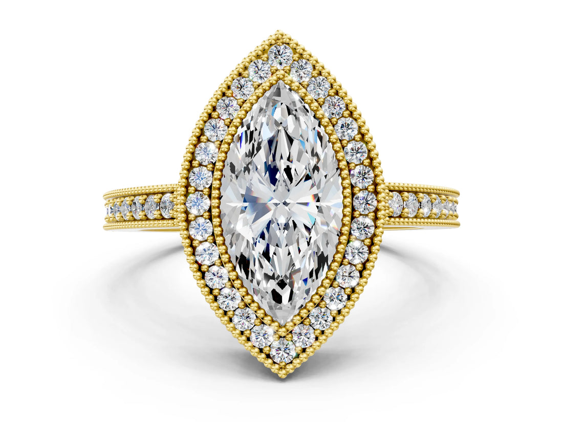 Yellow gold Marquise Cut-Cut Diamond Halo Engagement Ring with Pave Band and Prong Setting_9