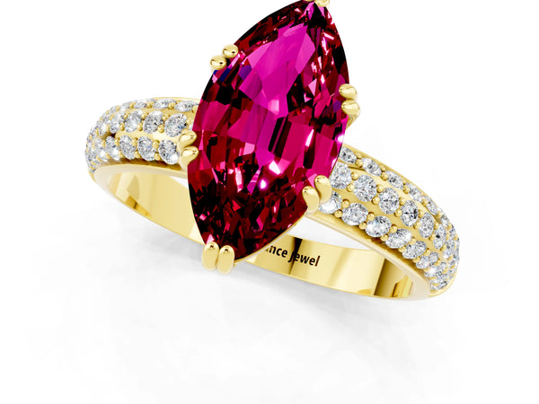 Yellow gold Marquise Cut Garnet Vintage Milgrain Ring with Round  Stations