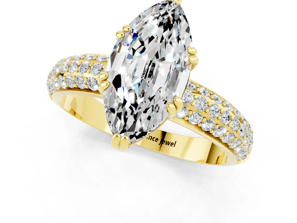 Yellow gold Marquise Cut Moissanite Vintage Milgrain Ring with Round  Stations