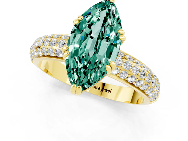 Yellow gold Marquise Cut Green Sapphire Vintage Milgrain Ring with Round  Stations