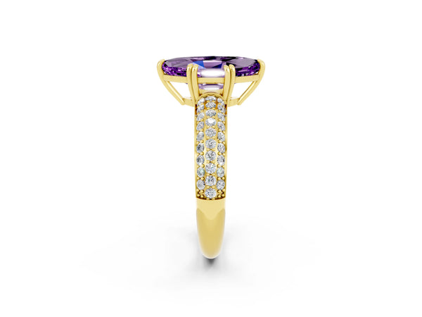 Yellow gold Marquise Cut Amethyst Vintage Milgrain Ring with Round  Stations