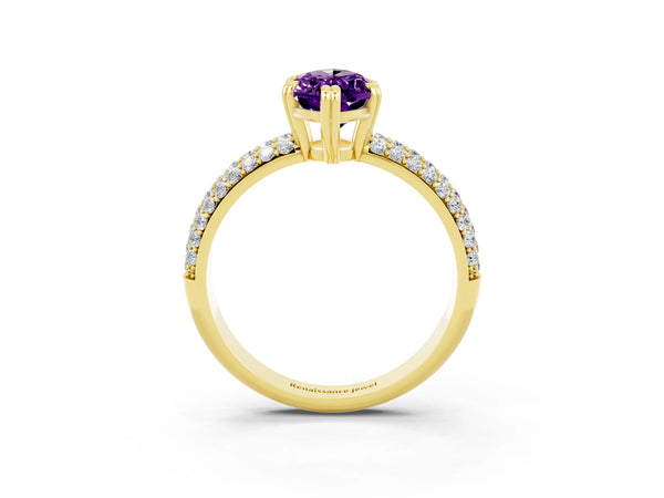 Yellow gold Marquise Cut Amethyst Vintage Milgrain Ring with Round  Stations