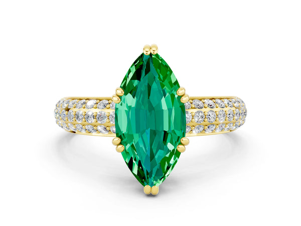 Yellow gold Marquise Cut Emerald Vintage Milgrain Ring with Round  Stations