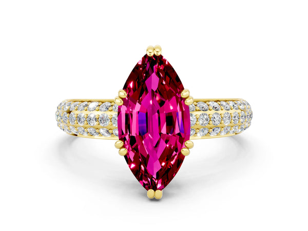 Yellow gold Marquise Cut Garnet Vintage Milgrain Ring with Round  Stations