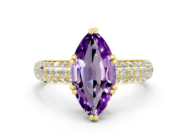 Yellow gold Marquise Cut Amethyst Vintage Milgrain Ring with Round  Stations