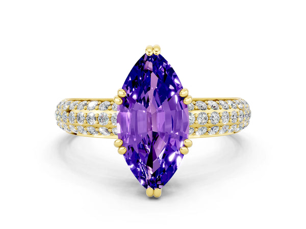 Yellow gold Marquise Cut Tanzanite Vintage Milgrain Ring with Round  Stations