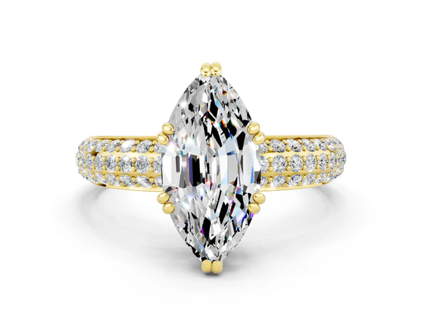 Yellow gold Marquise Cut Moissanite Vintage Milgrain Ring with Round  Stations