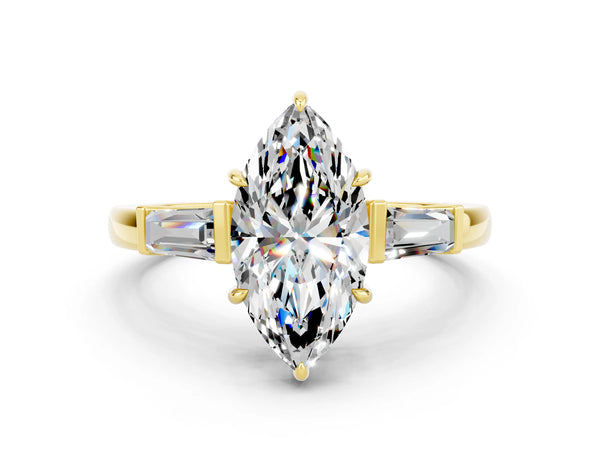 Yellow gold Marquise Cut Moissanite Three-Stone Ring with Tapered Baguette Side Stones and Prong Setting