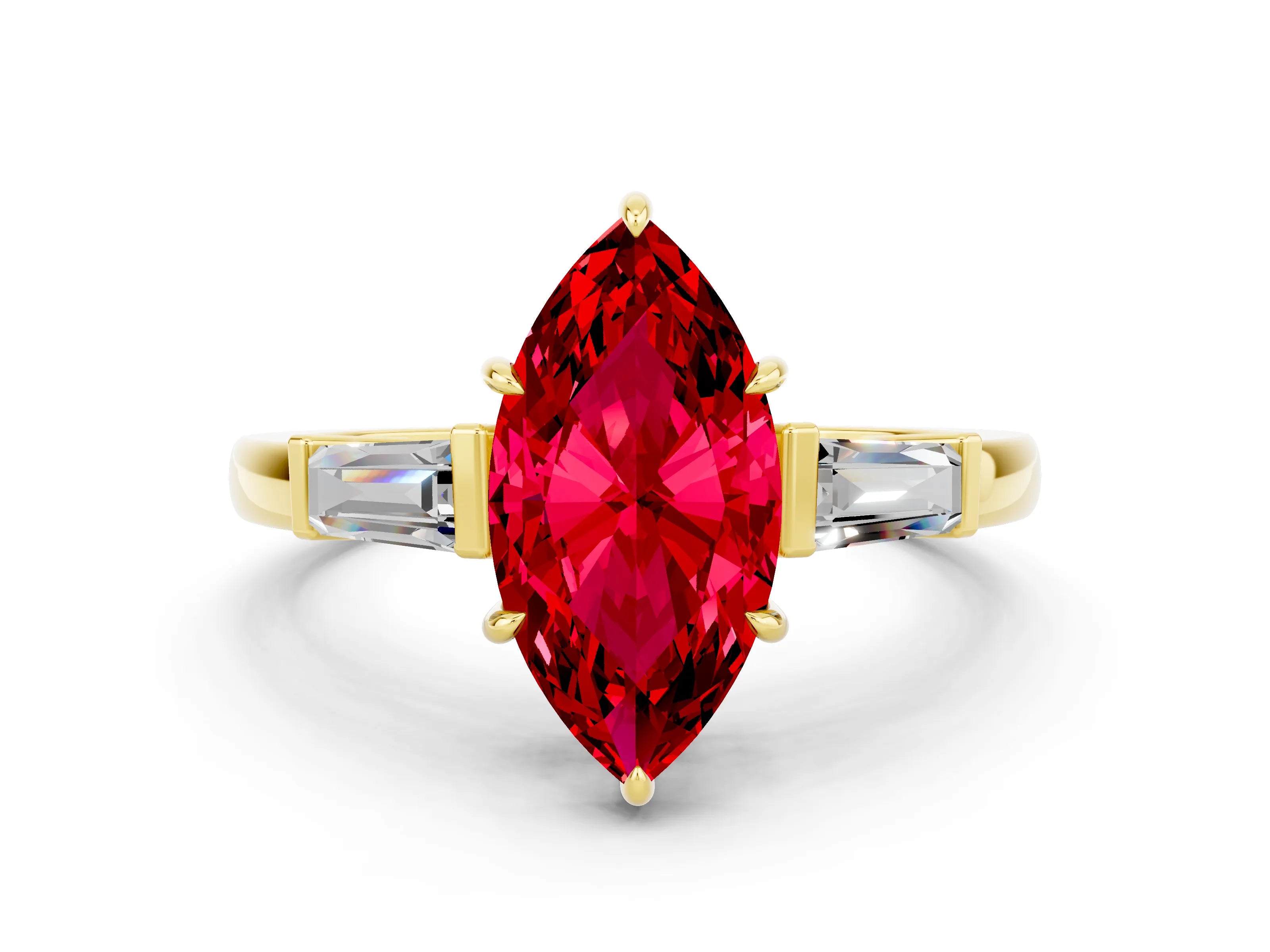 Yellow gold Marquise Cut Cut Diamond Ring with Tapered Baguette Side Stones in Four-Prong Setting