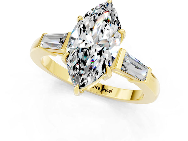 Yellow gold Marquise Cut Moissanite Three-Stone Ring with Tapered Baguette Side Stones and Prong Setting