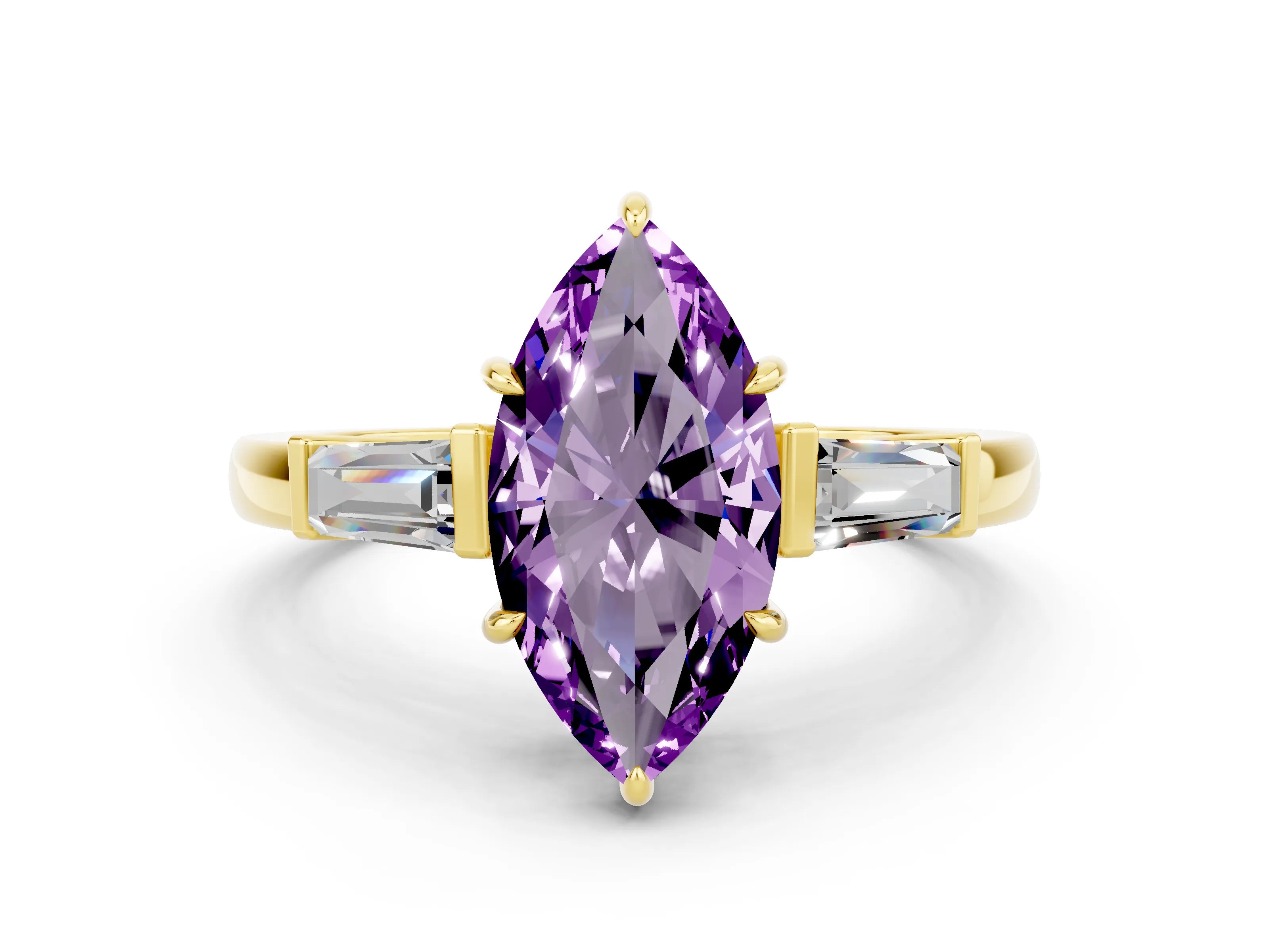 Yellow gold Marquise Cut Cut Diamond Ring with Tapered Baguette Side Stones in Four-Prong Setting