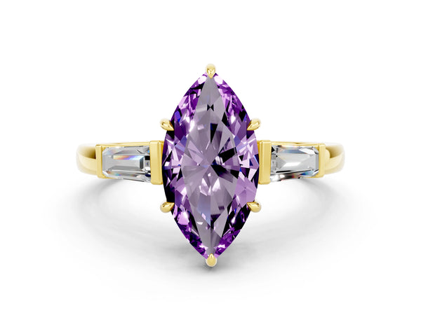 Yellow gold Marquise Cut Amethyst Three-Stone Ring with Tapered Baguette Side Stones and Prong Setting
