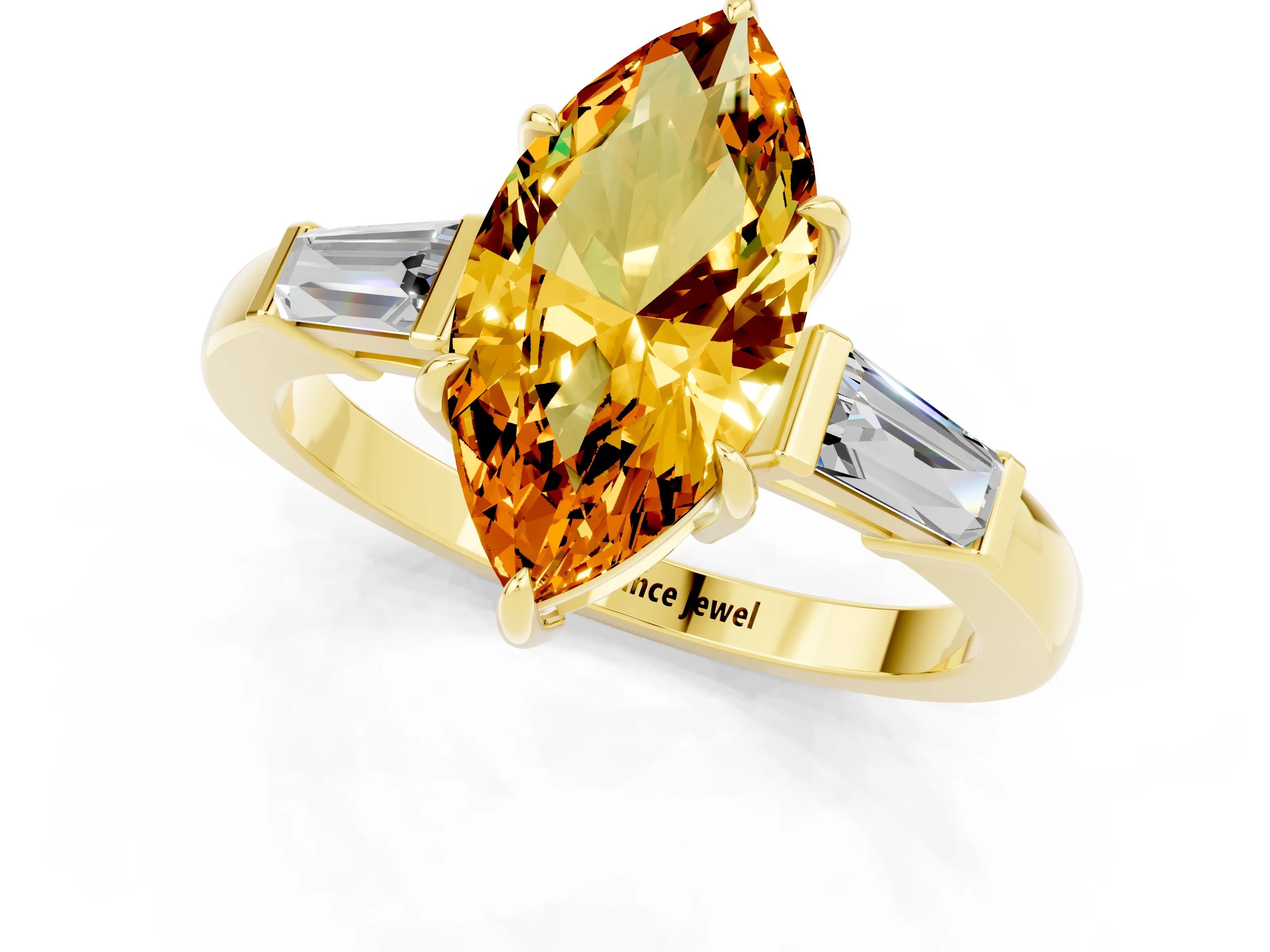 Yellow gold Marquise Cut Cut Diamond Ring with Tapered Baguette Side Stones in Four-Prong Setting_1