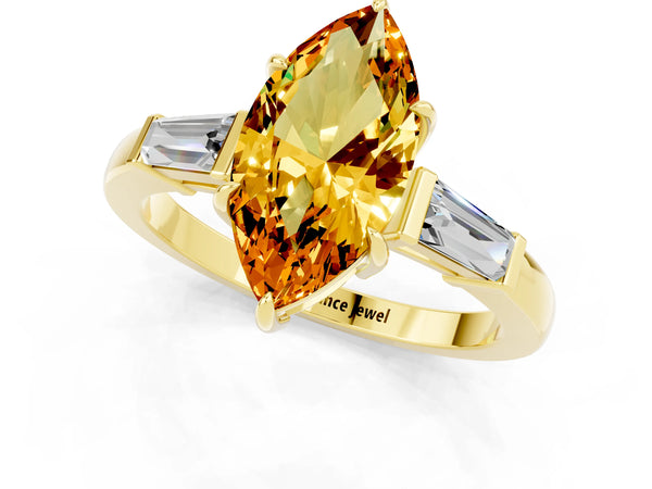 Yellow gold Marquise Cut Citrine Three-Stone Ring with Tapered Baguette Side Stones and Prong Setting
