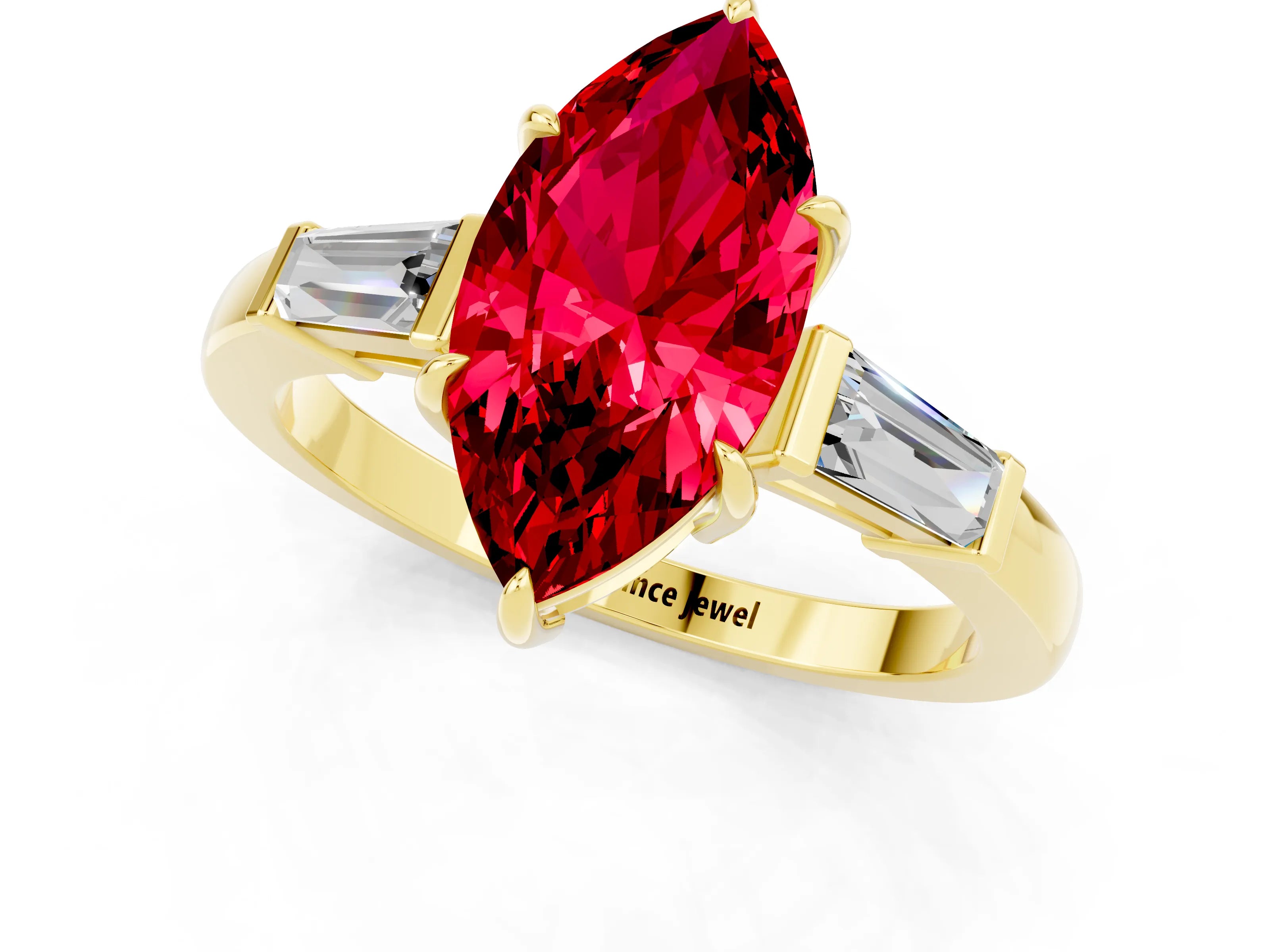 Yellow gold Marquise Cut Cut Diamond Ring with Tapered Baguette Side Stones in Four-Prong Setting_1
