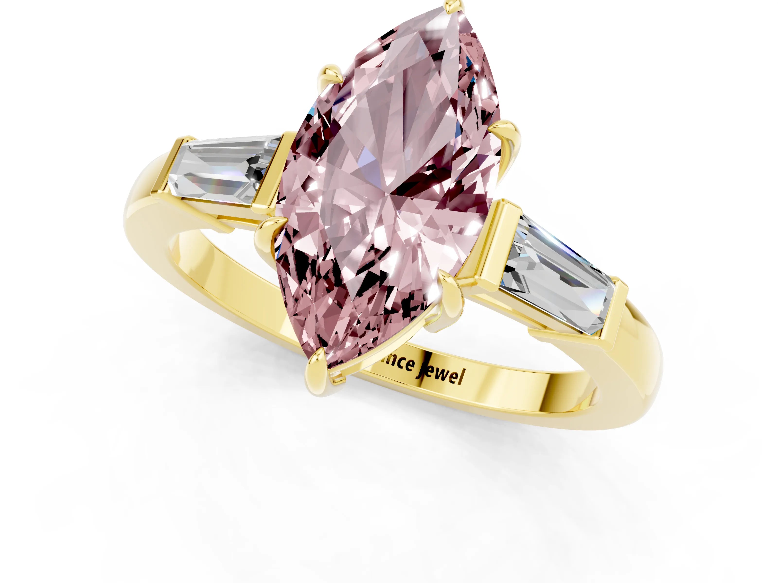 Yellow gold Marquise Cut Cut Diamond Ring with Tapered Baguette Side Stones in Four-Prong Setting_1