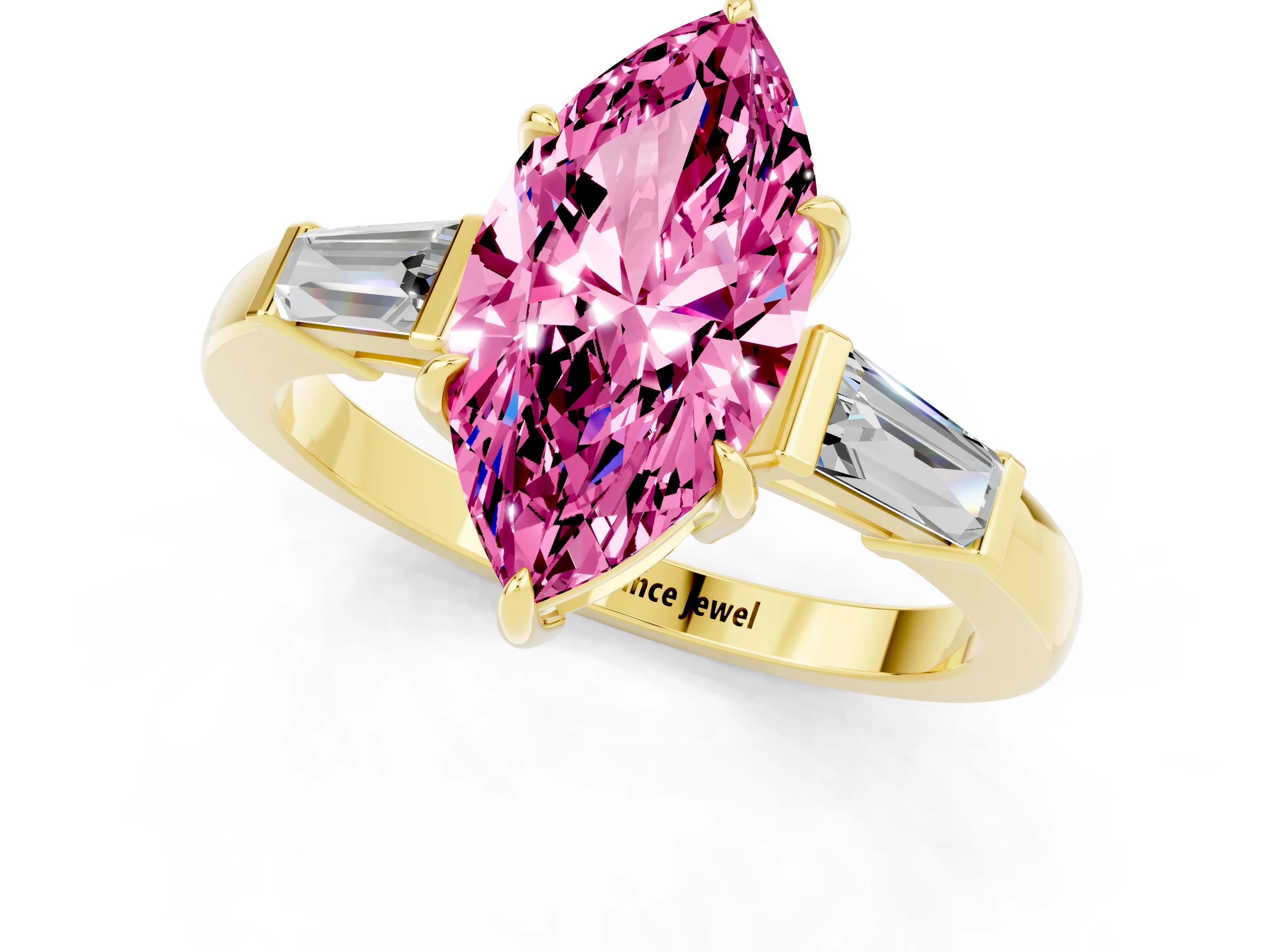 Yellow gold Marquise Cut Cut Diamond Ring with Tapered Baguette Side Stones in Four-Prong Setting_1