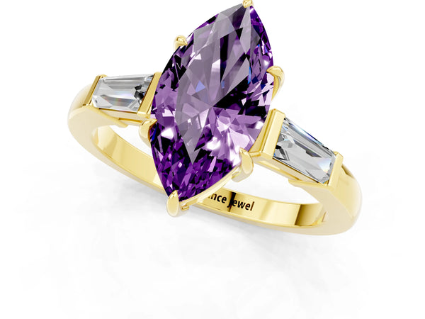 Yellow gold Marquise Cut Amethyst Three-Stone Ring with Tapered Baguette Side Stones and Prong Setting