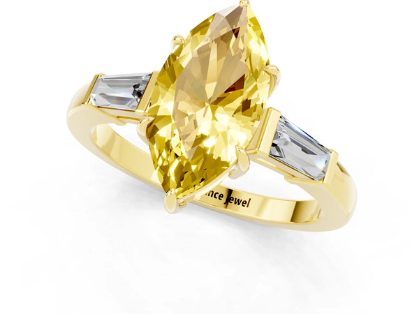 Yellow gold Marquise Cut Yellow Sapphire Three-Stone Ring with Tapered Baguette Side Stones and Prong Setting
