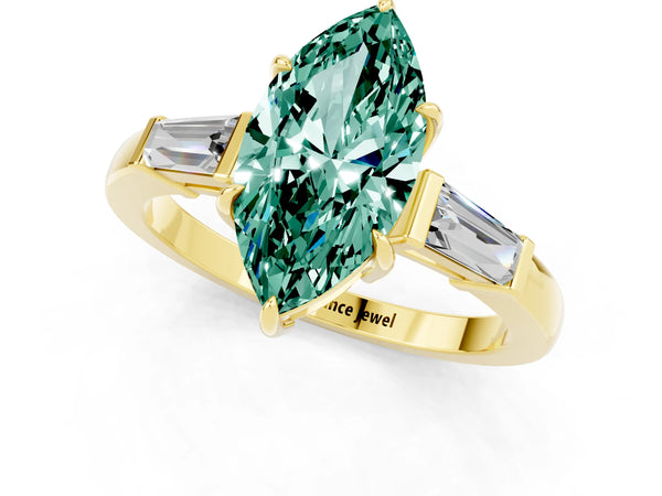 Yellow gold Marquise Cut Green Sapphire Three-Stone Ring with Tapered Baguette Side Stones and Prong Setting