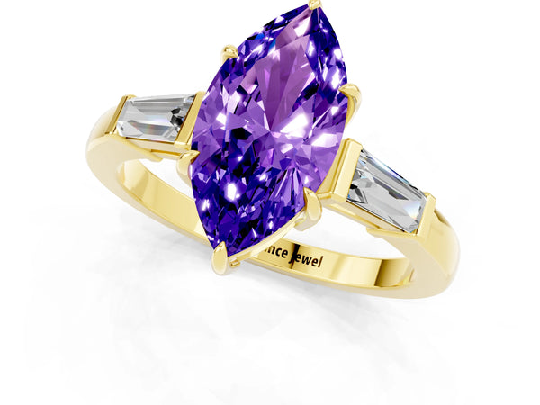 Yellow gold Marquise Cut Tanzanite Three-Stone Ring with Tapered Baguette Side Stones and Prong Setting