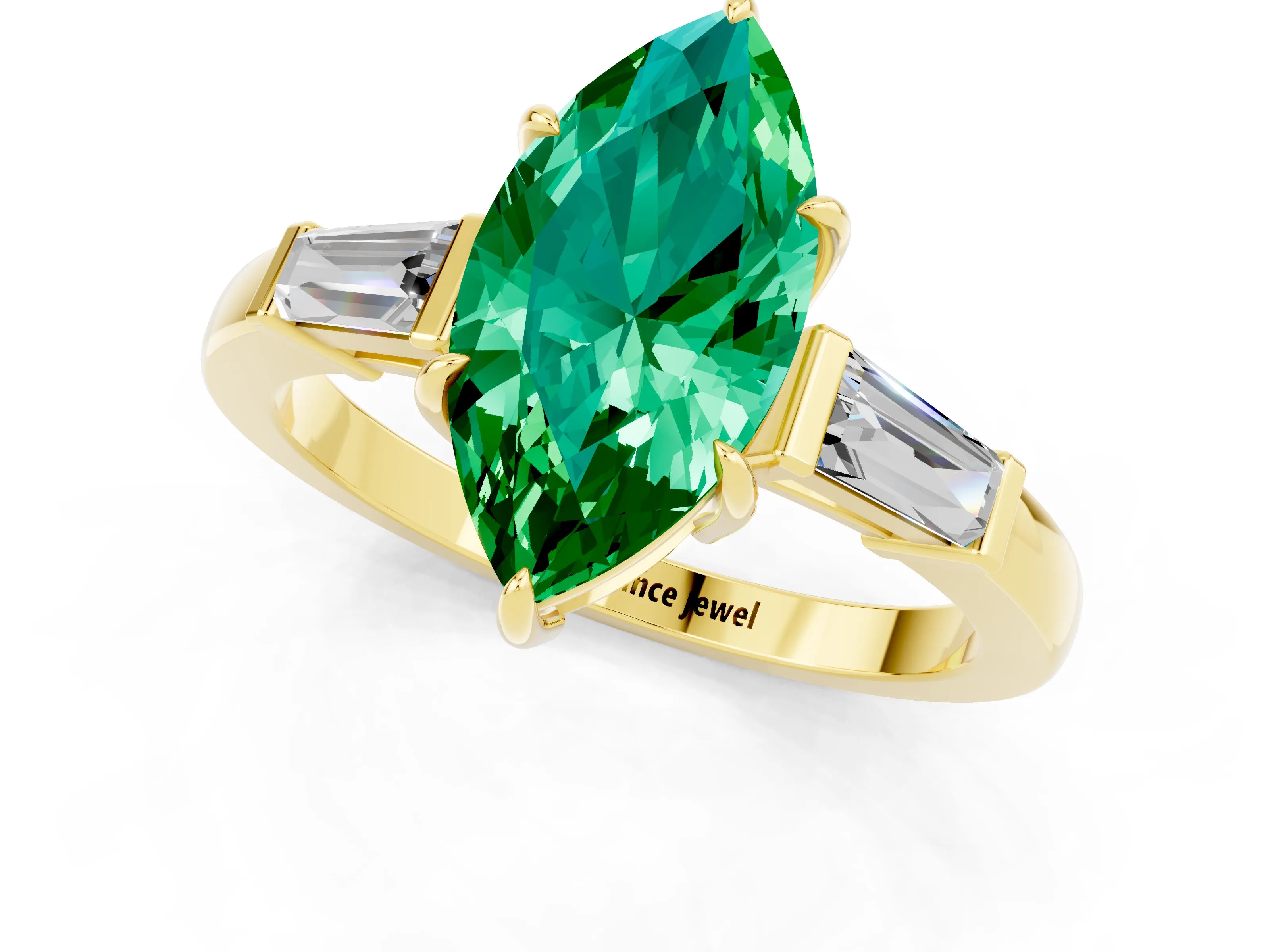 Yellow gold Marquise Cut Cut Diamond Ring with Tapered Baguette Side Stones in Four-Prong Setting_1