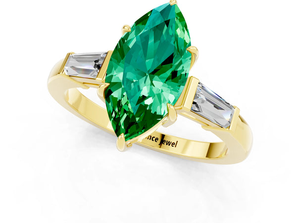 Yellow gold Marquise Cut Emerald Three-Stone Ring with Tapered Baguette Side Stones and Prong Setting