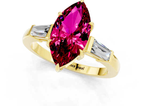 Yellow gold Marquise Cut Garnet Three-Stone Ring with Tapered Baguette Side Stones and Prong Setting