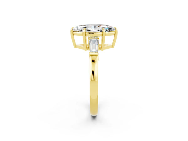 Yellow gold Marquise Cut Moissanite Three-Stone Ring with Tapered Baguette Side Stones and Prong Setting