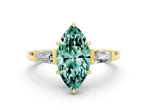 Yellow gold Marquise Cut Green Sapphire Three-Stone Ring with Tapered Baguette Side Stones and Prong Setting
