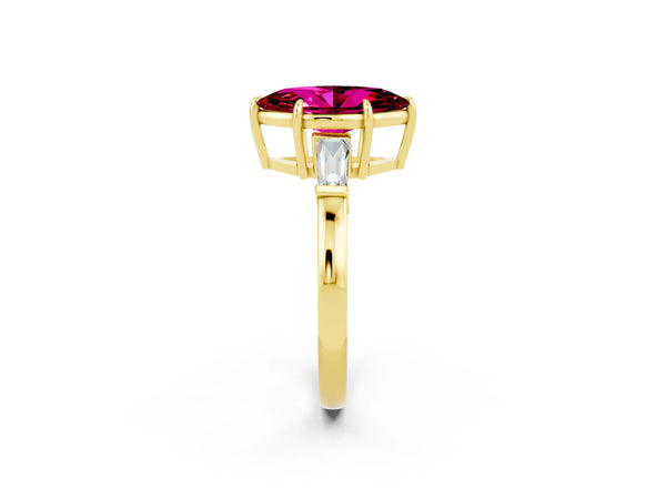 Yellow gold Marquise Cut Garnet Three-Stone Ring with Tapered Baguette Side Stones and Prong Setting