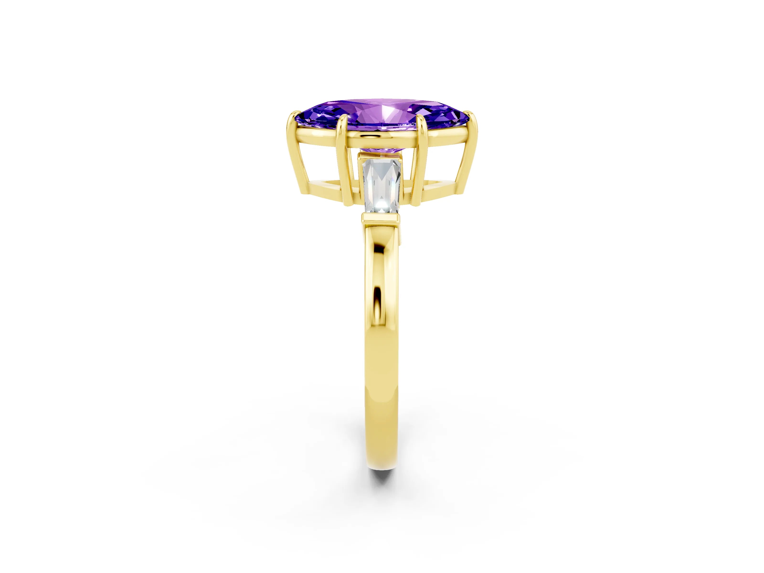 Yellow gold Marquise Cut Cut Diamond Ring with Tapered Baguette Side Stones in Four-Prong Setting_2