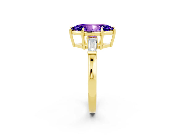 Yellow gold Marquise Cut Tanzanite Three-Stone Ring with Tapered Baguette Side Stones and Prong Setting