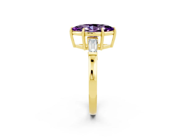 Yellow gold Marquise Cut Amethyst Three-Stone Ring with Tapered Baguette Side Stones and Prong Setting