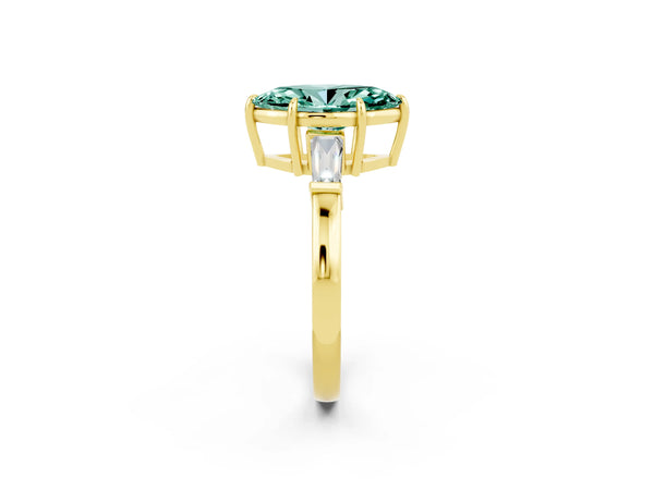 Yellow gold Marquise Cut Green Sapphire Three-Stone Ring with Tapered Baguette Side Stones and Prong Setting