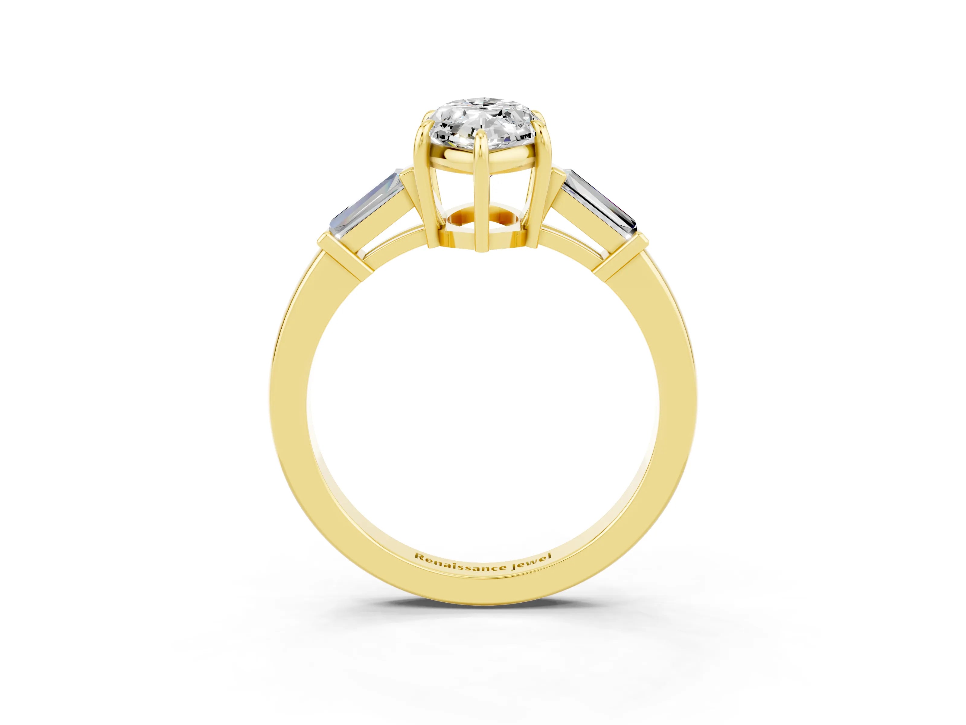 Yellow gold Marquise Cut Cut Diamond Ring with Tapered Baguette Side Stones in Four-Prong Setting_3