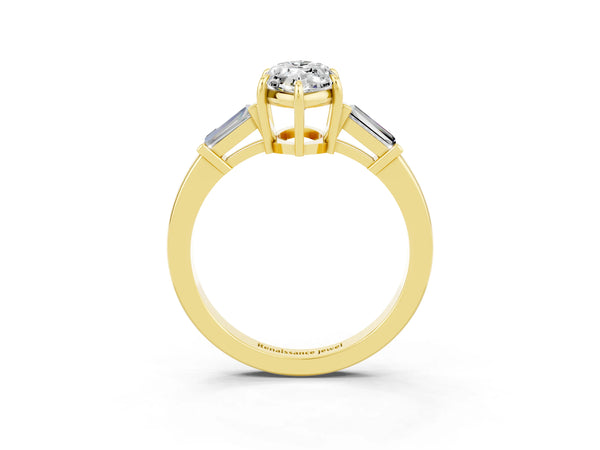 Yellow gold Marquise Cut Moissanite Three-Stone Ring with Tapered Baguette Side Stones and Prong Setting