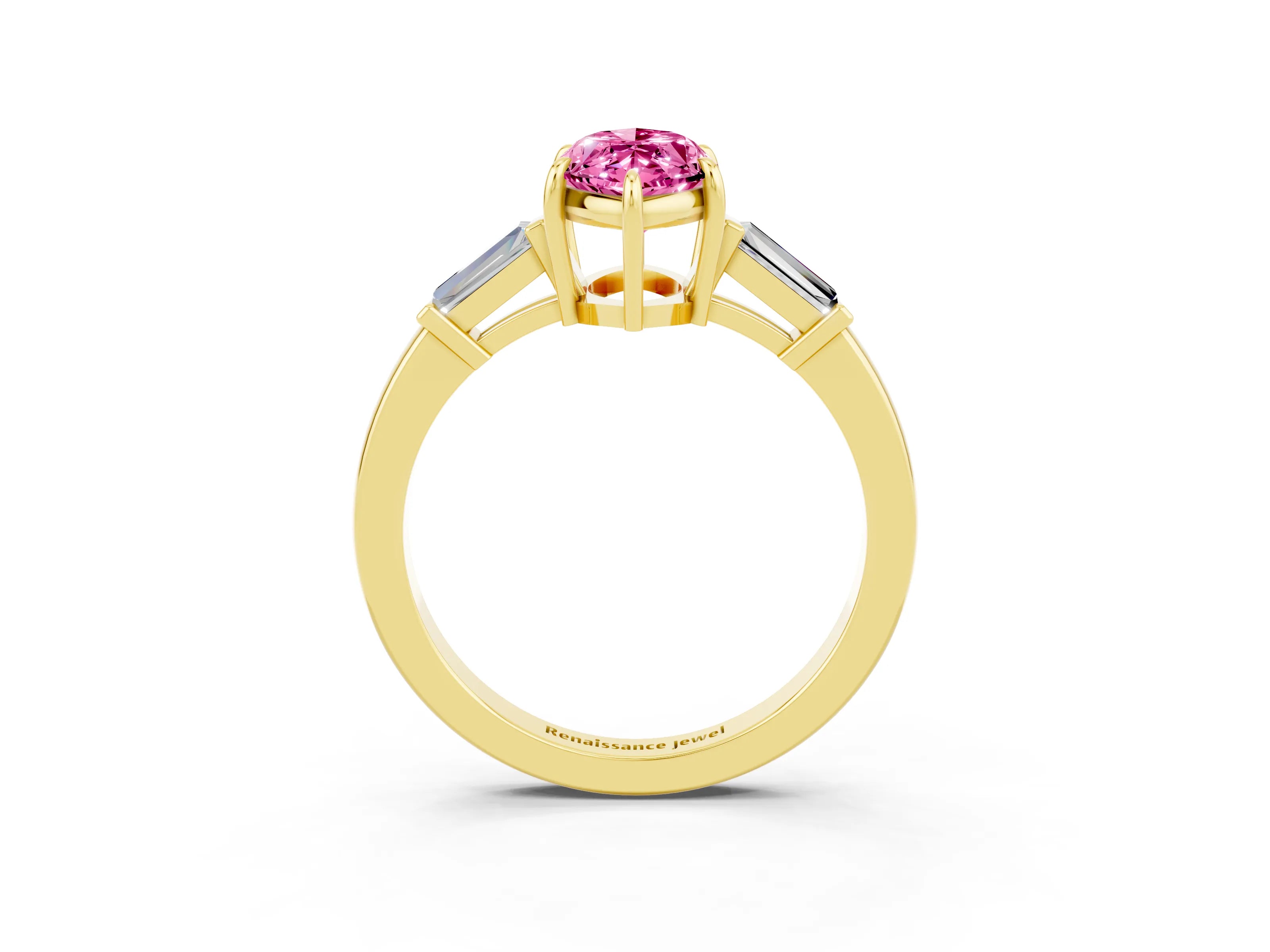 Yellow gold Marquise Cut Cut Diamond Ring with Tapered Baguette Side Stones in Four-Prong Setting_3
