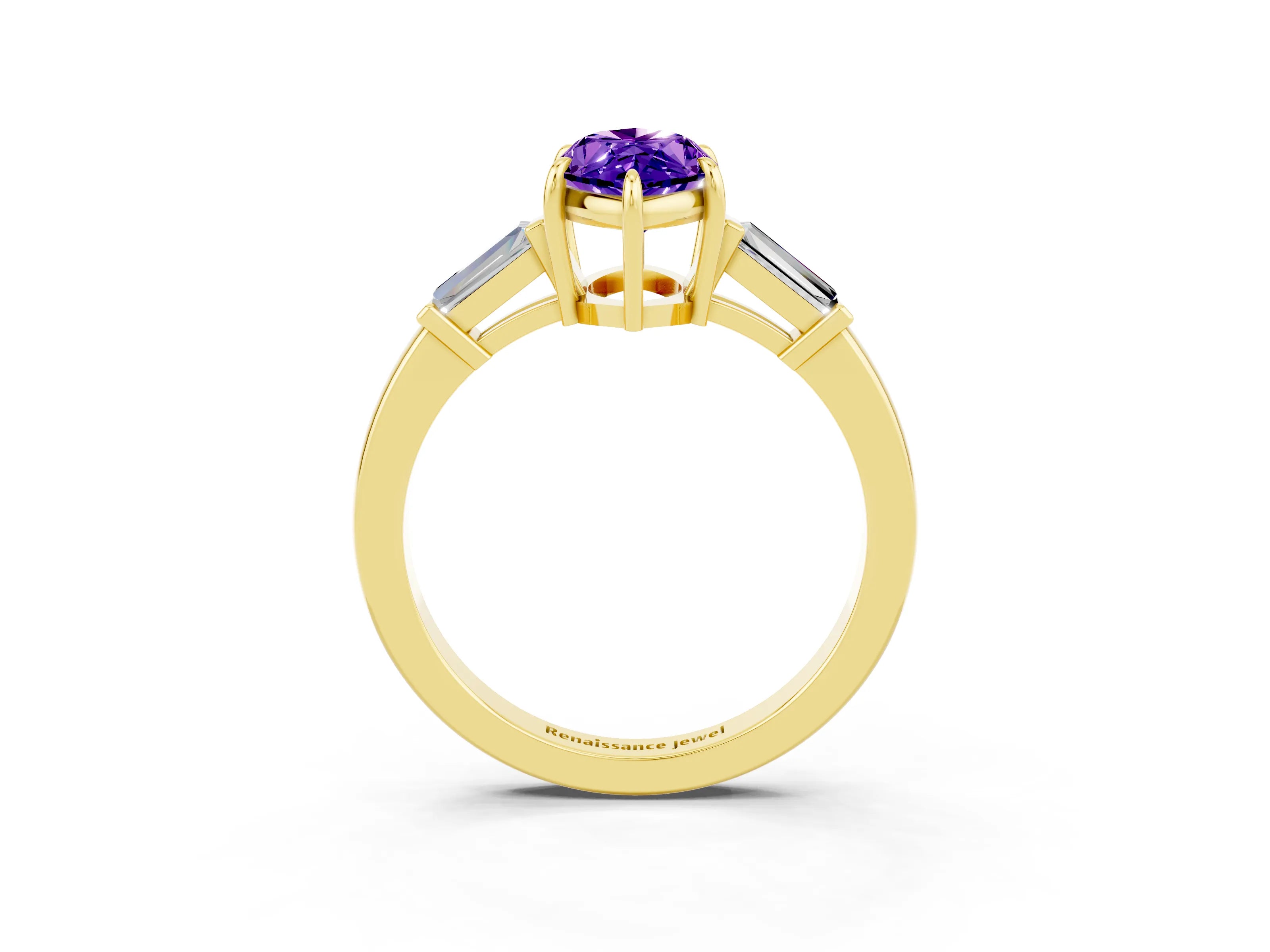 Yellow gold Marquise Cut Cut Diamond Ring with Tapered Baguette Side Stones in Four-Prong Setting_3