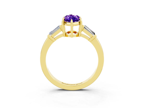 Yellow gold Marquise Cut Tanzanite Three-Stone Ring with Tapered Baguette Side Stones and Prong Setting