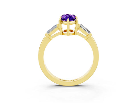 Yellow gold Marquise Cut Cut Diamond Ring with Tapered Baguette Side Stones in Four-Prong Setting_3
